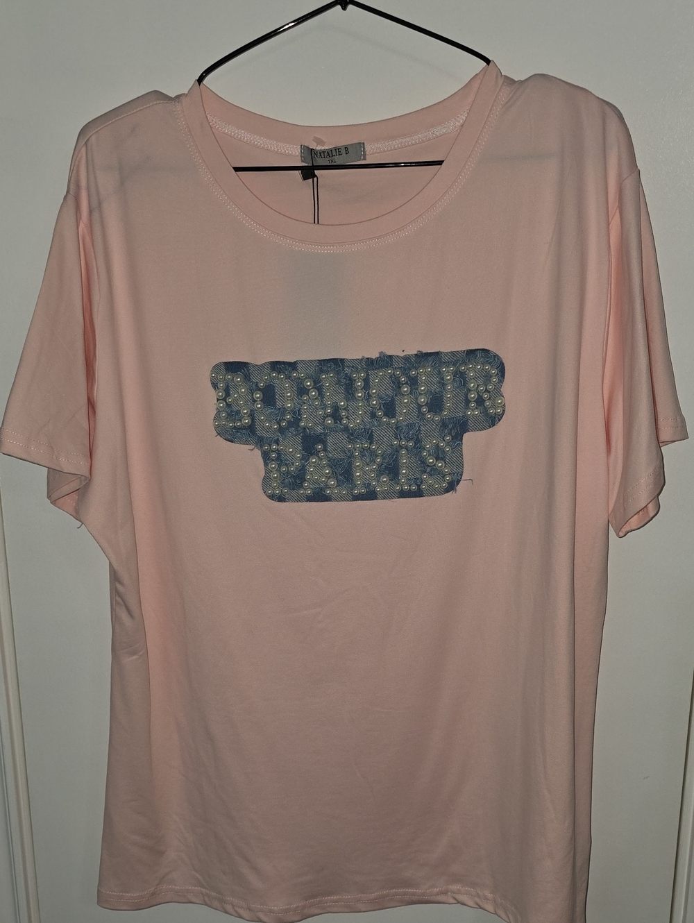 Light Pink T-Shirt with Embellished Blue Patch